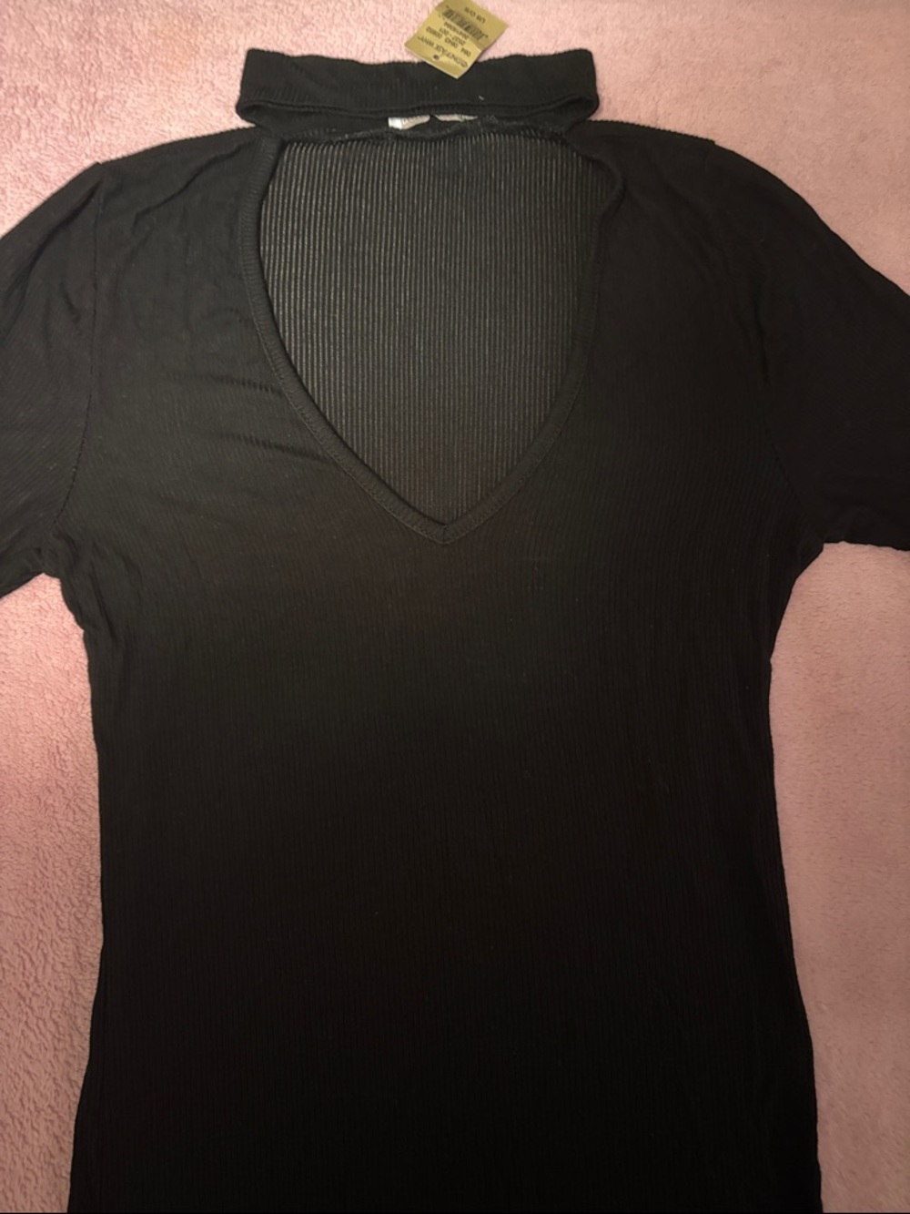 Don't Ask Why Black Ribbed V-Neck Short Sleeve Top with Mock Neck